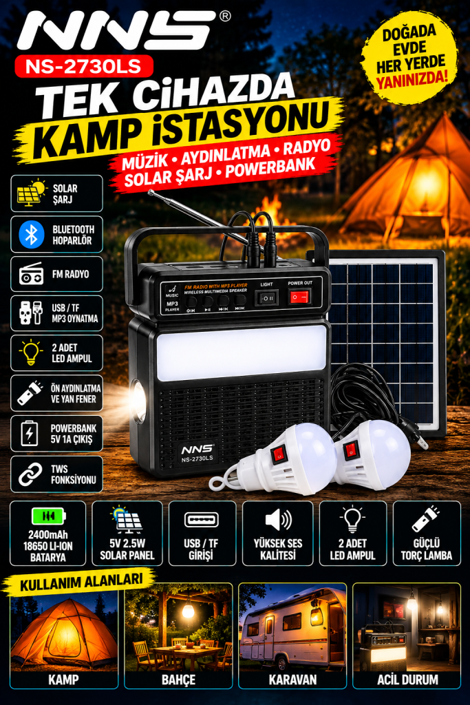 NNS NS-2730LS Solar Kamp Seti | Bluetooth, FM Radyo, 2 LED Ampul