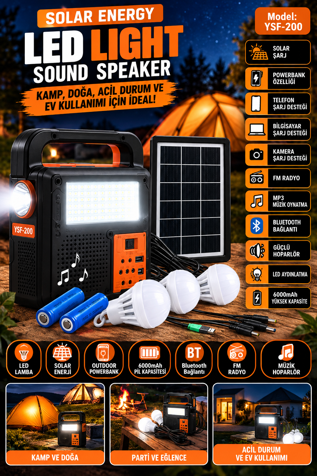 6000mAh, 6W solar panel, 3 adet 3W LED ampul, 3 metre ampul kablosu, 5W hoparlör, FM radyo, Bluetooth, USB/TF ve powerbank 6000mAh, 6W solar panel, 3 adet 3W LED ampul, 3 metre ampul kablosu, 5W hoparlör, FM radyo, Bluetooth, USB/TF ve powerbank