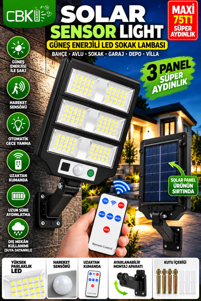 CBK Maxi 75T1 Solar LED Sensörlü Sokak Lambası – 3 Panelli, Kumandalı