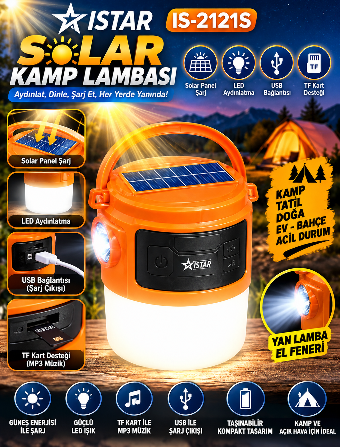 ISTAR IS-2121S Solar Panelli LED Kamp Lambası – USB ve TF Kart Destekli ISTAR IS-2121S Solar Panelli LED Kamp Lambası – USB ve TF Kart Destekli