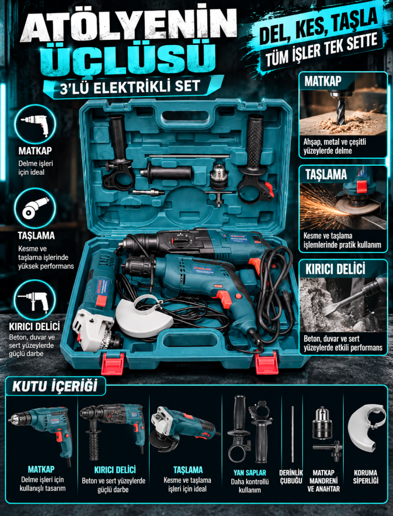 ASSUR 3’lü Elektrikli Matkap, Taşlama ve Kırıcı Delici Seti – Çantalı