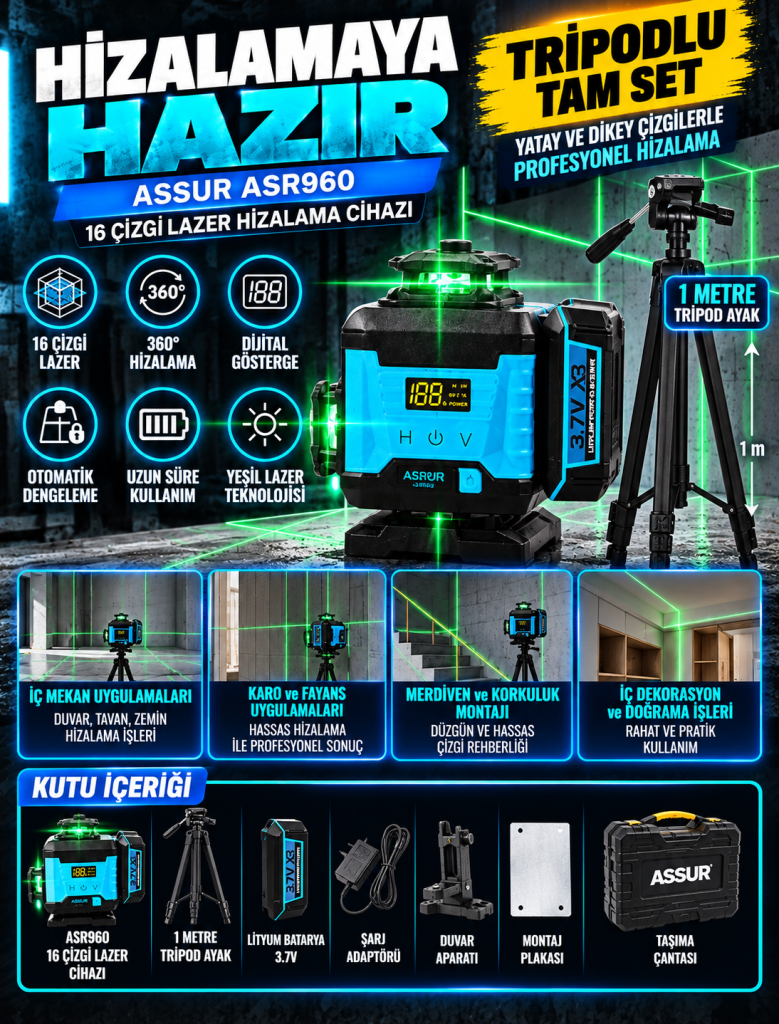 ASSUR ASR960 Tripodlu 16 Çizgi 360° Yeşil Lazer Hizalama Cihazı – Dijital Göstergeli