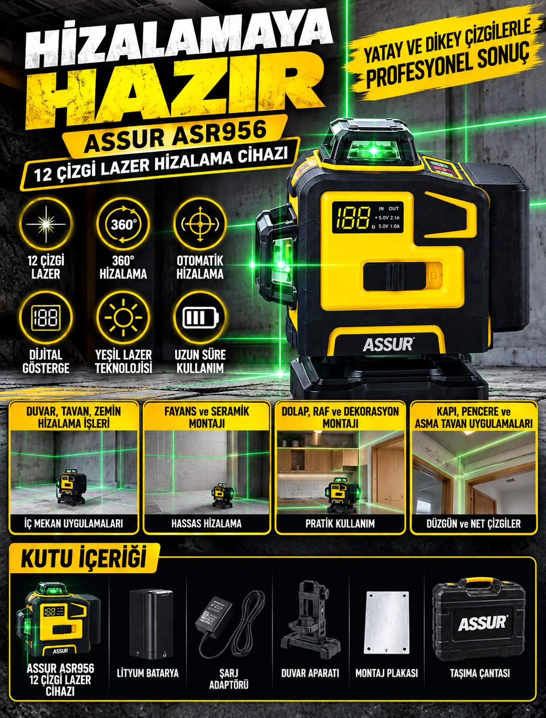 ASSUR ASR956 12 Çizgi 360° Lazer Hizalama Cihazı ASSUR ASR956 12 Çizgi 360° Lazer Hizalama Cihazı