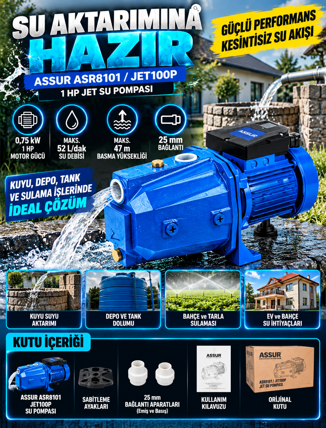 ASSUR ASR8101 JET100P 1 HP Jet Su Pompası ASSUR ASR8101 JET100P 1 HP Jet Su Pompası