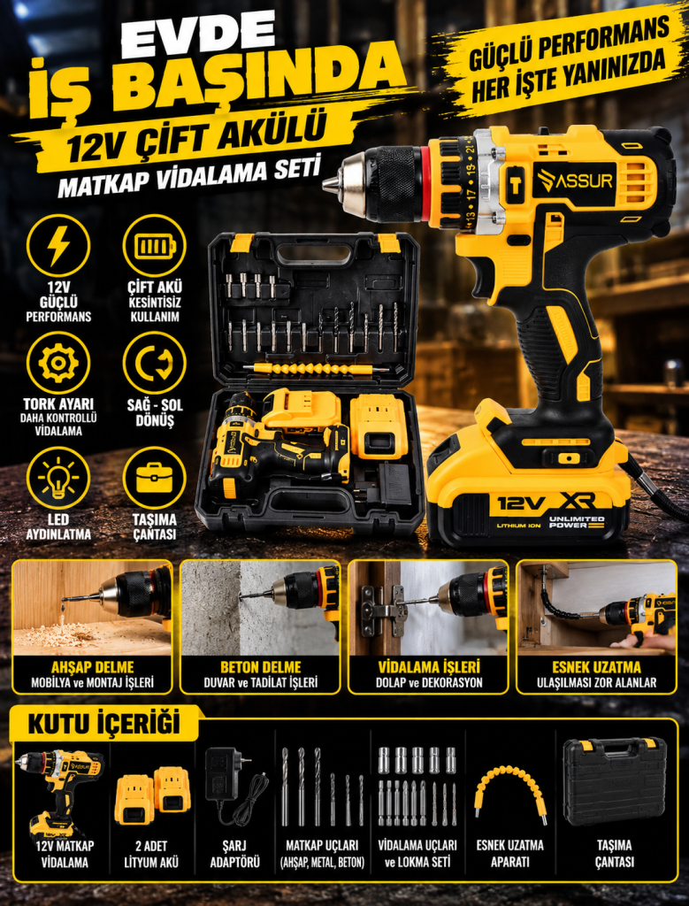 12V Çift Akülü Matkap Vidalama ve Uç Seti ürün görünümü