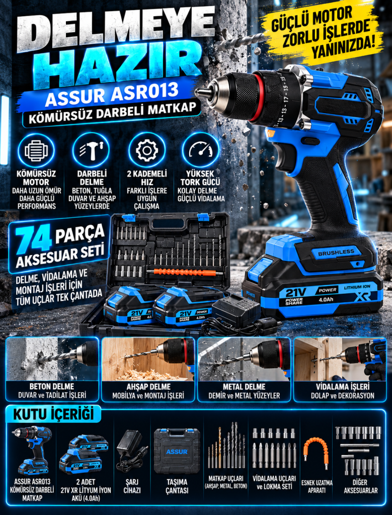 ASSUR ASR013 21V Kömürsüz Darbeli Matkap – Çift Akülü, 74 Parça Aksesuarlı Set