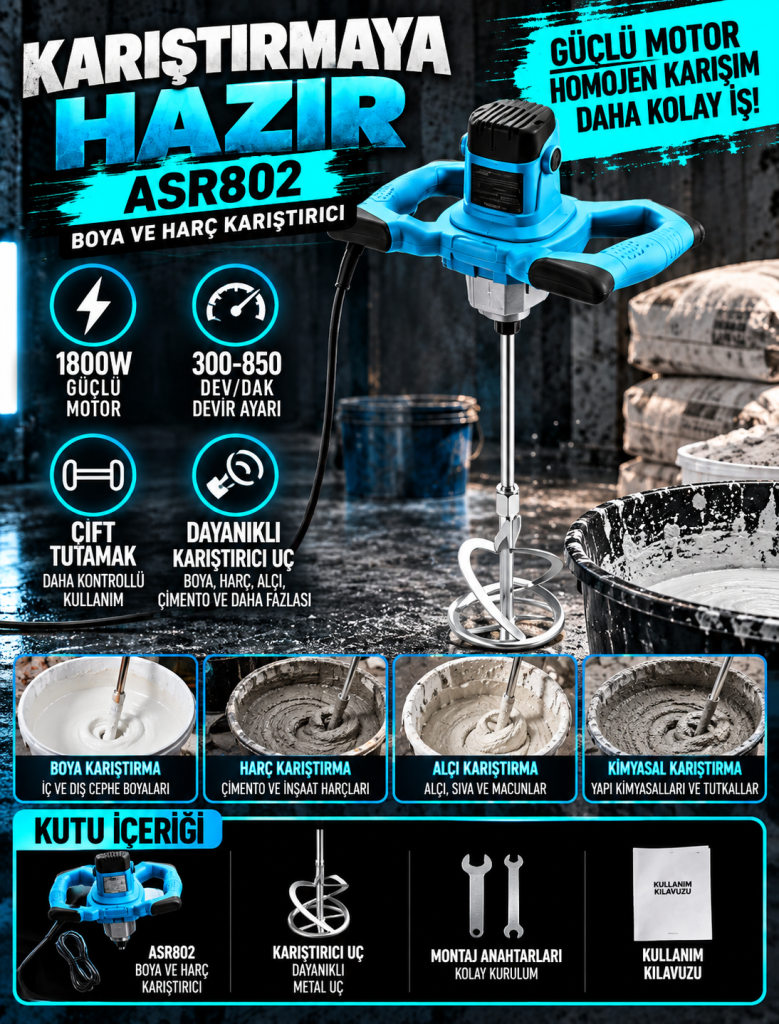ASSUR ASR802 1800W Devir Ayarlı Boya ve Harç Karıştırıcı – Çift Tutamaklı