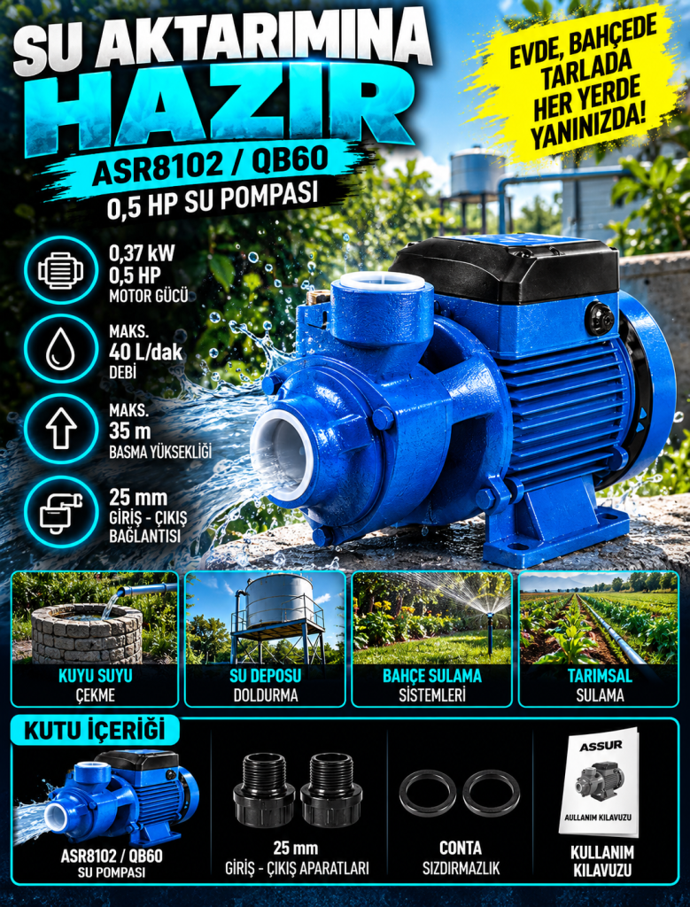 ASR8102 QB60 0,5 HP Elektrikli Su Pompası – 35 Metre Basma, 40 L/Dak