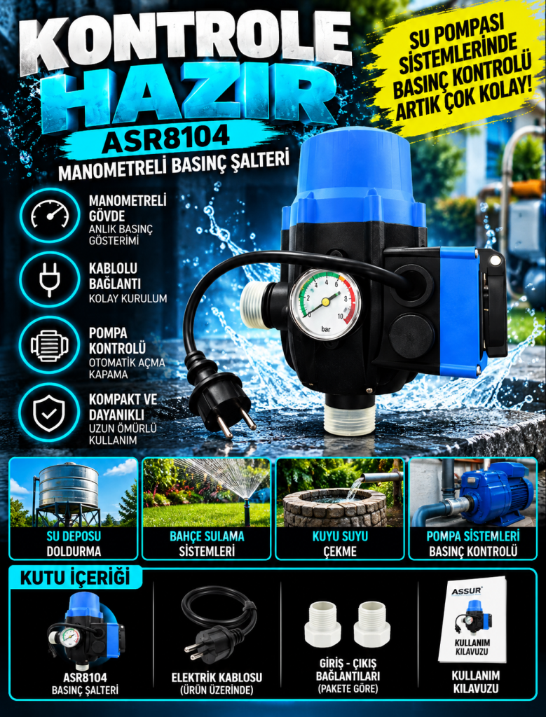 ASR8104 Manometreli Otomatik Su Pompası Basınç Şalteri – Kablolu Pompa Kontrol Cihazı