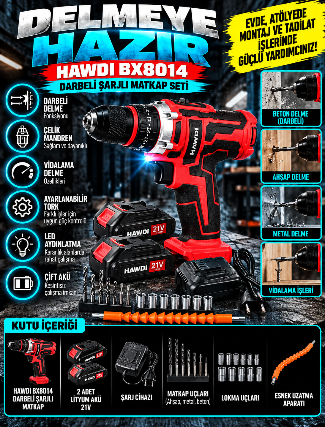 BX8014 Darbeli Çelik Mandren Şarjlı Matkap Seti BX8014 Darbeli Çelik Mandren Şarjlı Matkap Seti