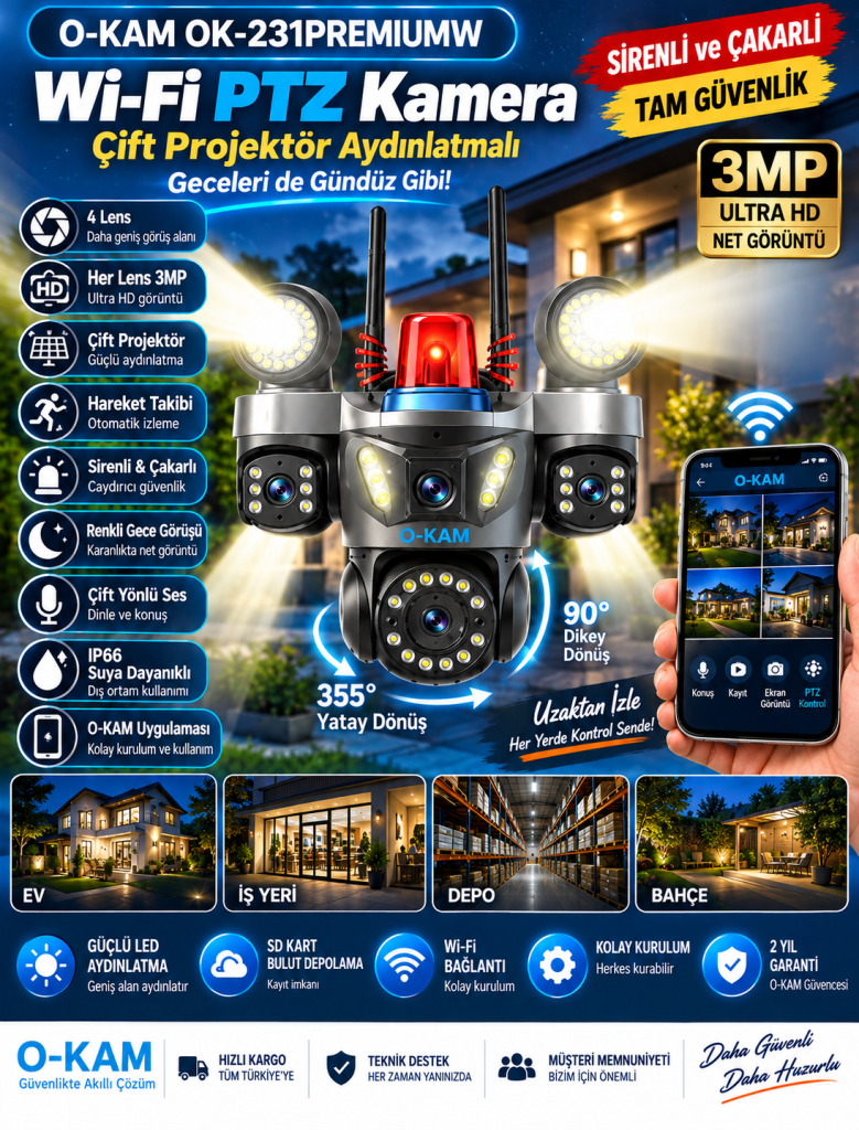 O-KAM OK-231PREMIUMW 4 Lens 3MP Çift Projektörlü Wi-Fi PTZ Kamera