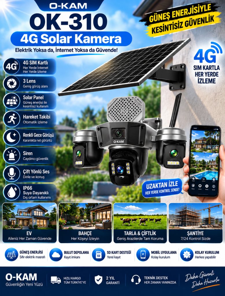 O-KAM OK-310 4G SIM Kartlı 3 Lens Solar Güvenlik Kamerası