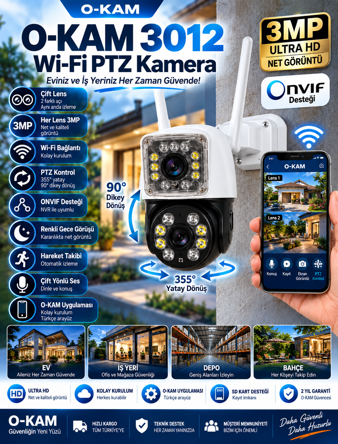 O-KAM 3012 Çift Lens Her Lens 3MP ONVIF Destekli Wi-Fi PTZ Kamera O-KAM 3012 Çift Lens Her Lens 3MP ONVIF Destekli Wi-Fi PTZ Kamera