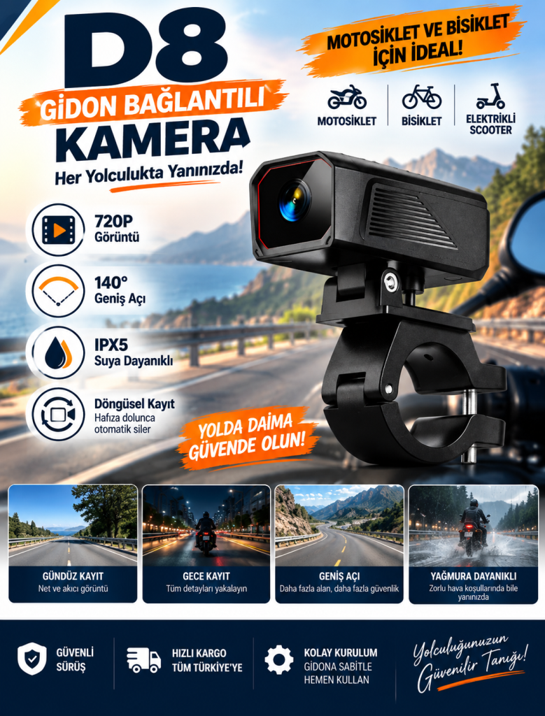 D8 720P 140° IPX5 Gidon Bağlantılı
