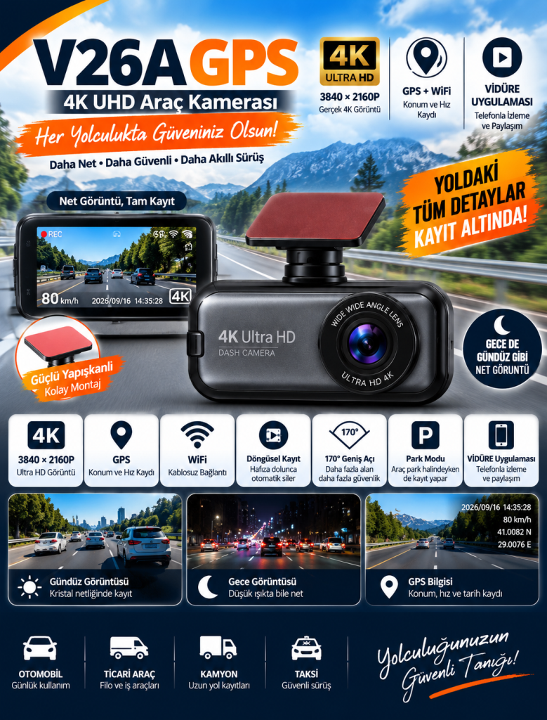 Discovery V26A GPS WiFi 4K UHD Araç Kamerası 256 GB Kart Destekli