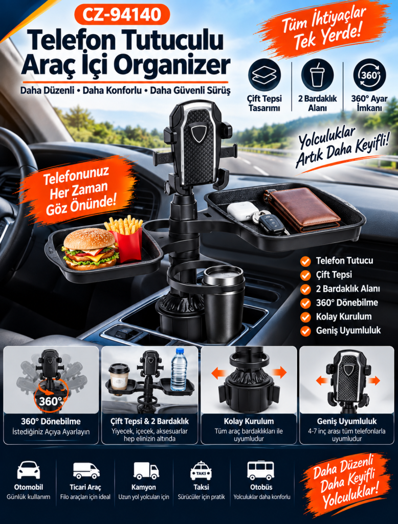 CZ-94140 Telefon Tutuculu Çift Tepsili 360 Derece Araç İçi Bardaklık Organizer
