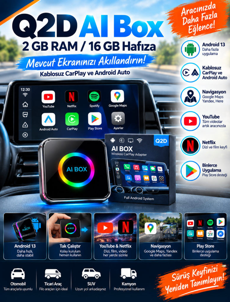 Q2D AI Box Android 13 2 GB RAM 16 GB Navigasyon YouTube Netflix