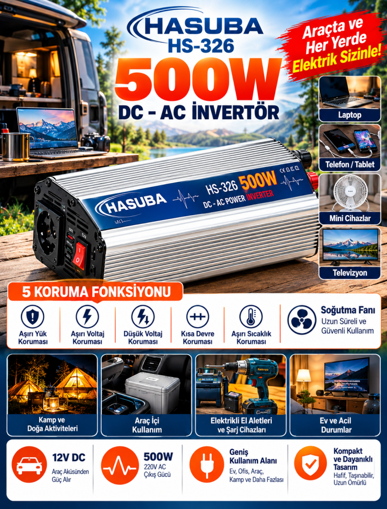HASUBA HS-326 500W Beş Koruma Fonksiyonlu DC-AC İnvertör