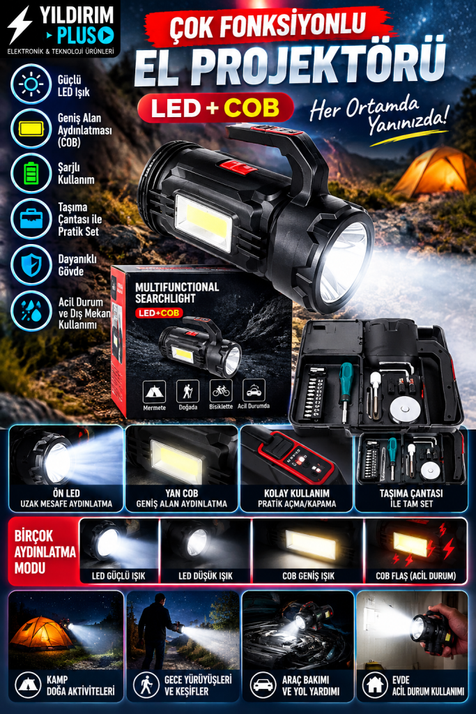 Çok fonksiyonlu led+cob el projektörü seti
