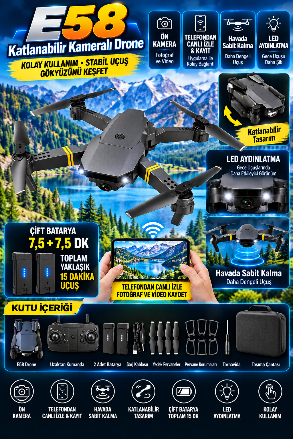 E58 Katlanabilir Kameralı Drone – Çift Batarya, Telefona Kayıt, Çantalı Tam Set E58 Katlanabilir Kameralı Drone – Çift Batarya, Telefona Kayıt, Çantalı Tam Set