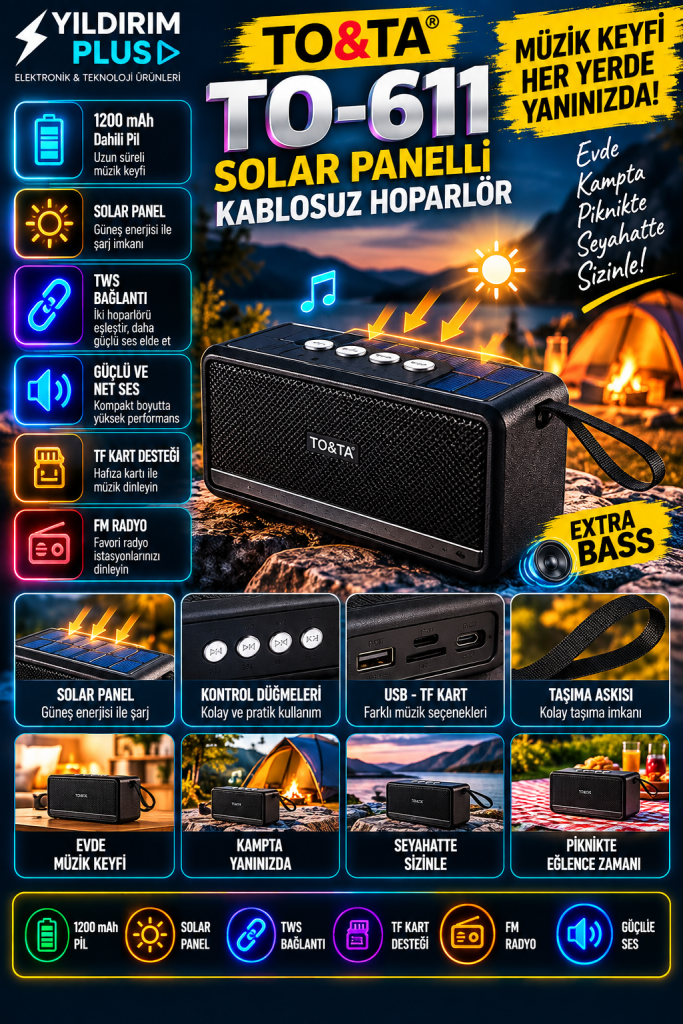 TO&TA TO-611 Solar Panelli TWS Bluetooth Hoparlör | YILDIRIM PLUS