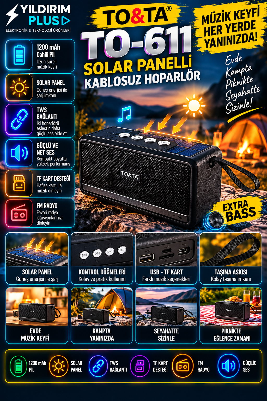 TO&TA TO-611 Solar Panelli TWS Bluetooth Hoparlör | YILDIRIM PLUS TO&TA TO-611 Solar Panelli TWS Bluetooth Hoparlör | YILDIRIM PLUS