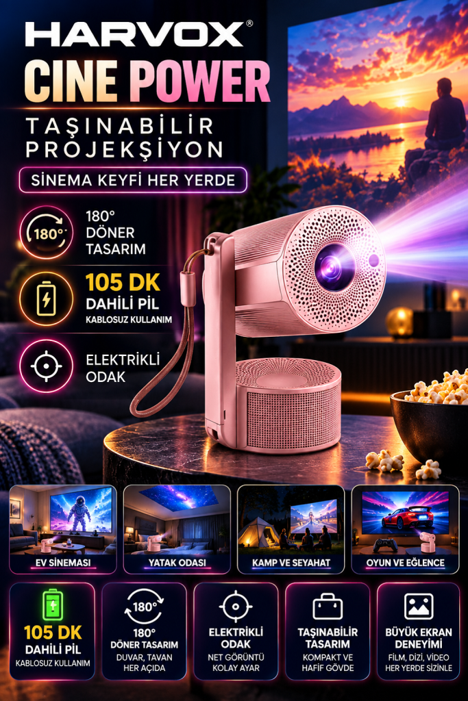 harvox cine power taşınabilir projeksiyon (pembe)