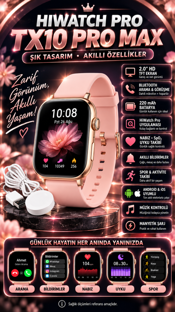 hiwatch pro tx10 pro max, tx10 pro max akıllı saat, pembe akıllı saat, bluetooth görüşmeli akıllı saat, hiwatch pro akıllı saat, kadın akıllı saat, geniş ekran akıllı saat, pembe kordonlu akıllı saat