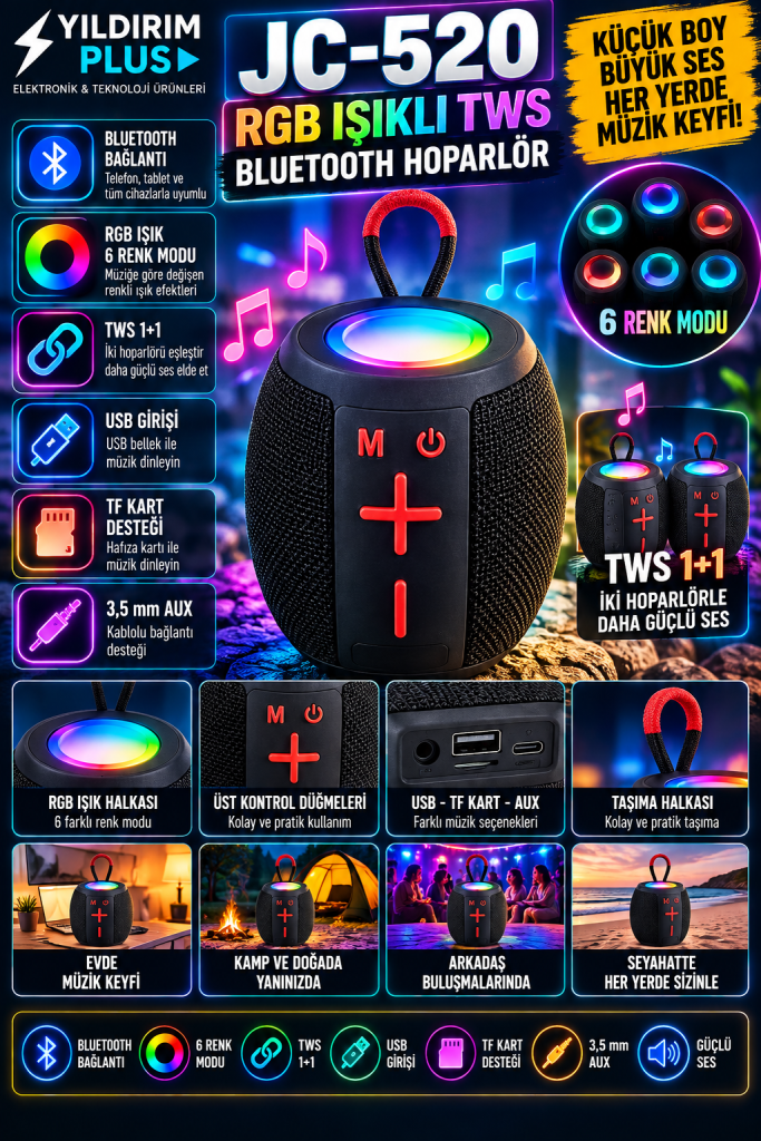 JC-520 RGB Işıklı TWS Bluetooth Hoparlör | YILDIRIM PLUS