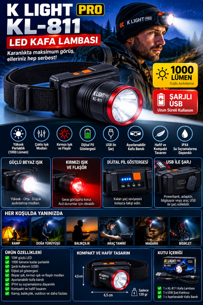 k light pro kl 811 1000 lümen dijital göstergeli şarjlı led kafa lambası