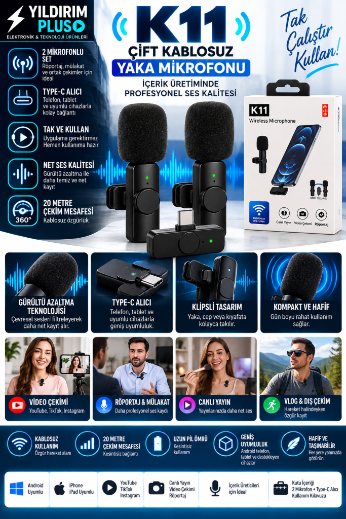k11 Çift kablosuz yaka mikrofonu