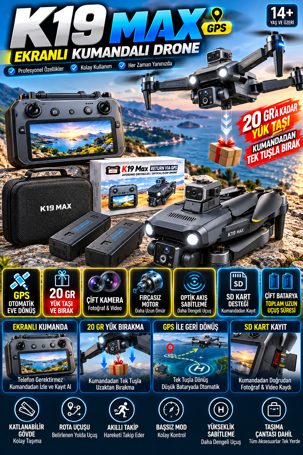 K19 MAX GPS Ekranlı Kumandalı Drone – Çift Batarya, SD Kart Kayıt ve 20 Gr Yük Bırakma k19 max gps drone reklam posteri