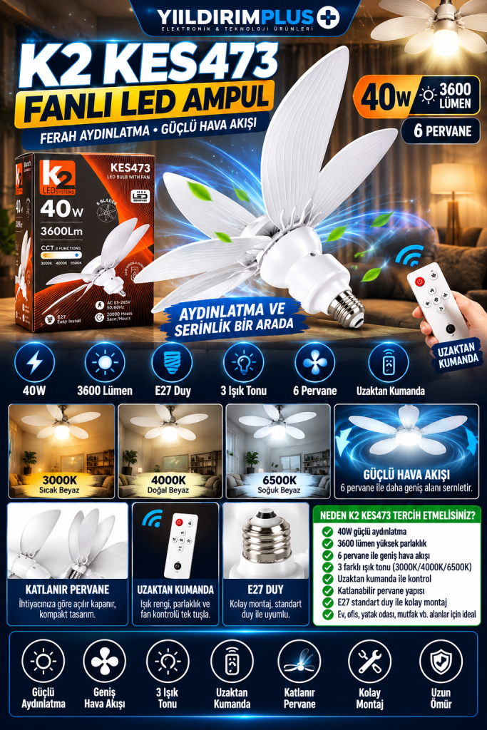 k2 fanlı led ampul tanıtım posteri