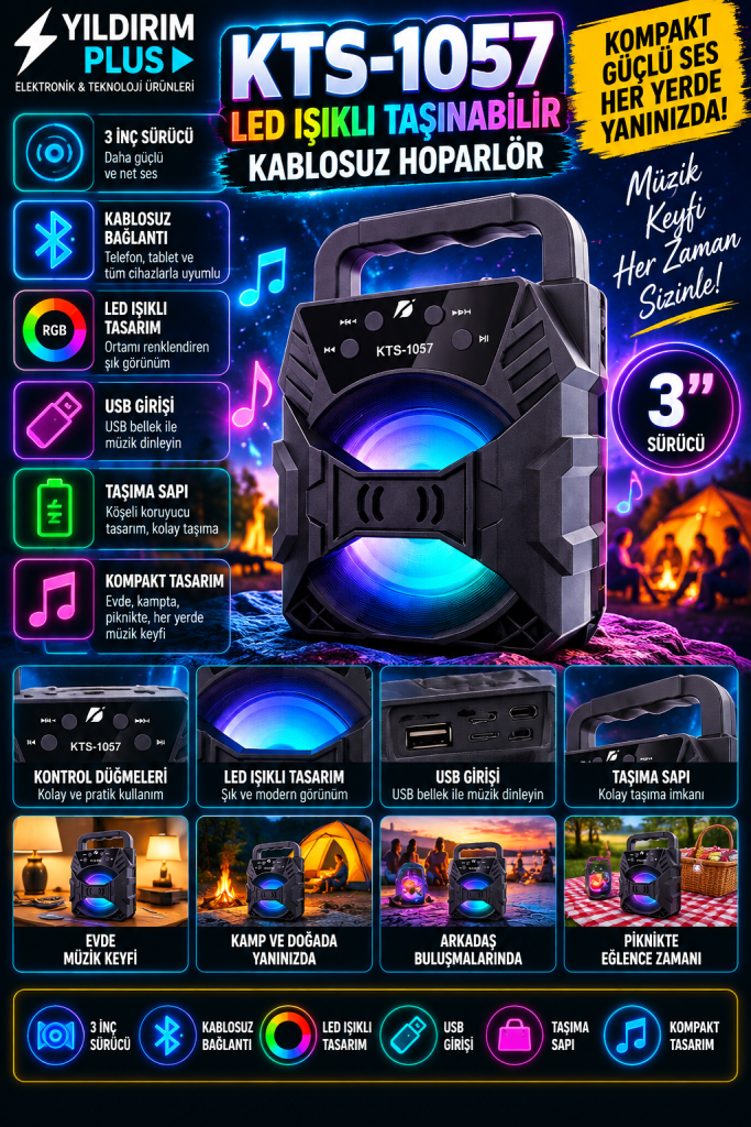 KTS-1057 3 İnç LED Işıklı Taşıma Saplı Kablosuz Bluetooth Hoparlör