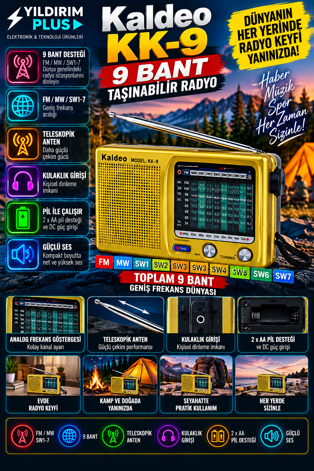 Kaldeo KK-9 9 Bant FM MW SW1-7 Analog Taşınabilir Cep Radyosu Kaldeo KK-9 9 Bant FM MW SW1-7 Analog Taşınabilir Cep Radyosu