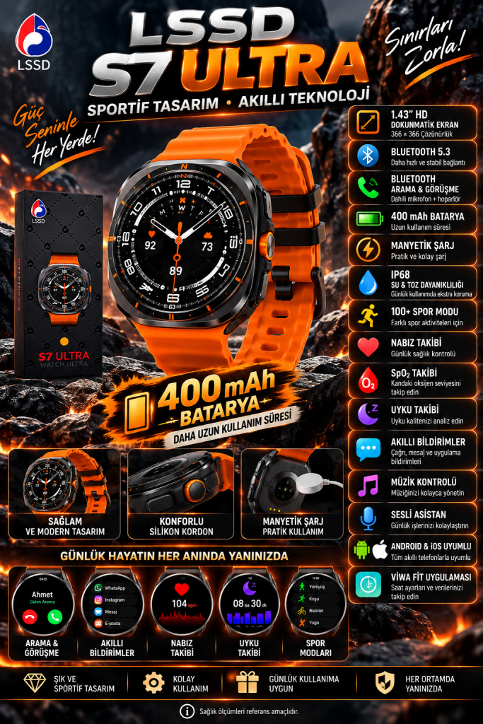 lssd s7 ultra turuncu kordon tasarımlı akıllı saat