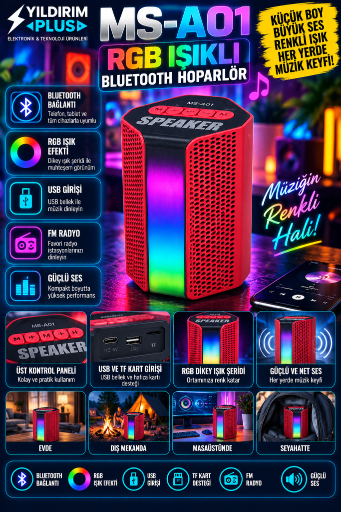 MS-A01 RGB Işıklı Bluetooth USB ve FM Radyolu Taşınabilir Hoparlör
