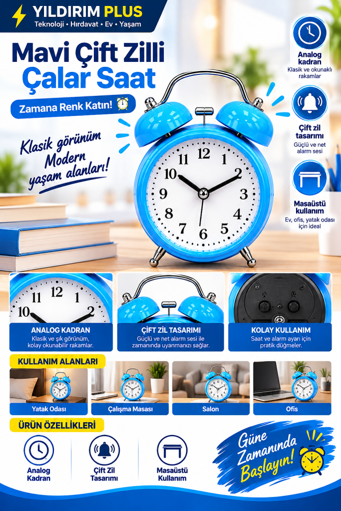 mavi Çift zilli Çalar saat reklamı