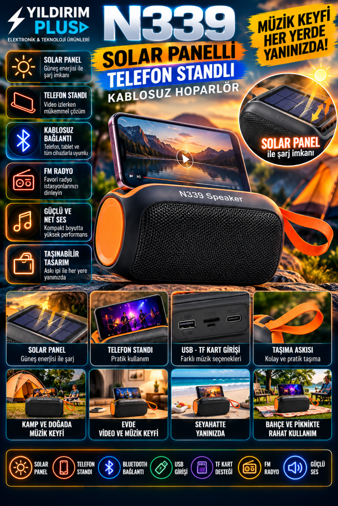 N339 Solar Panelli Telefon Standlı Bluetooth Kablosuz Taşınabilir Hoparlör