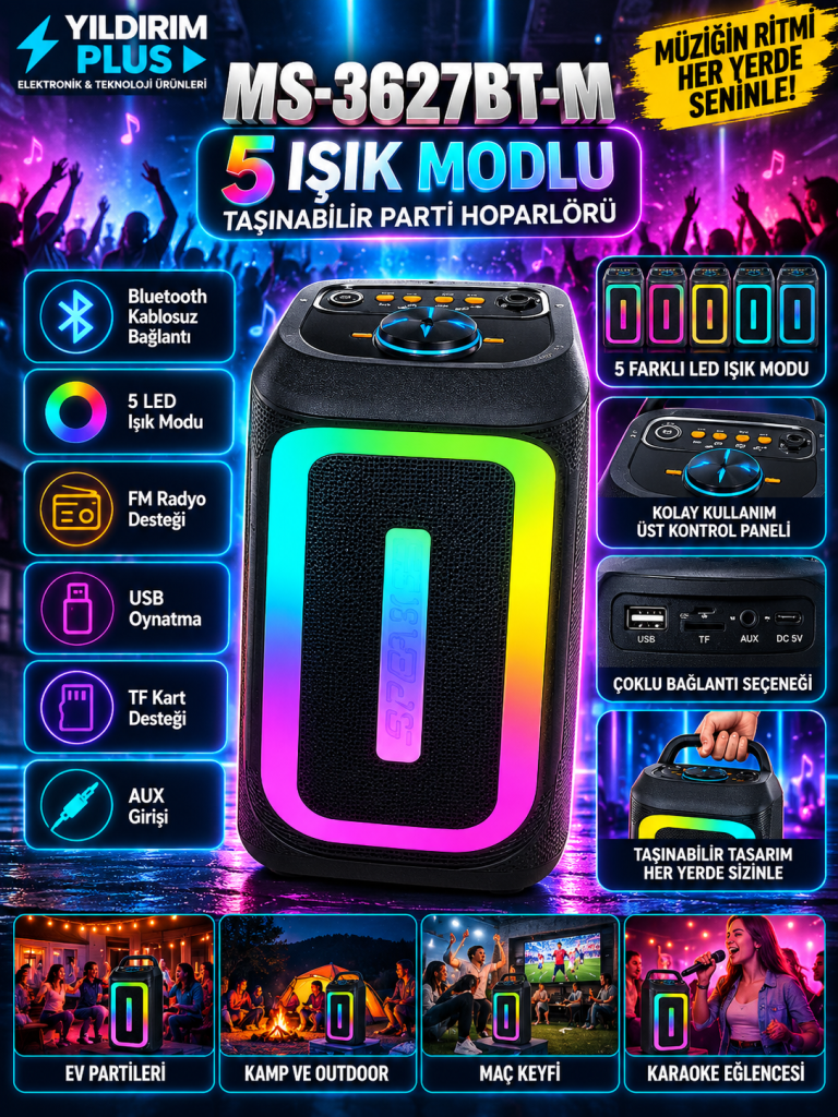neon işıklı taşınabilir parti hoparlörü