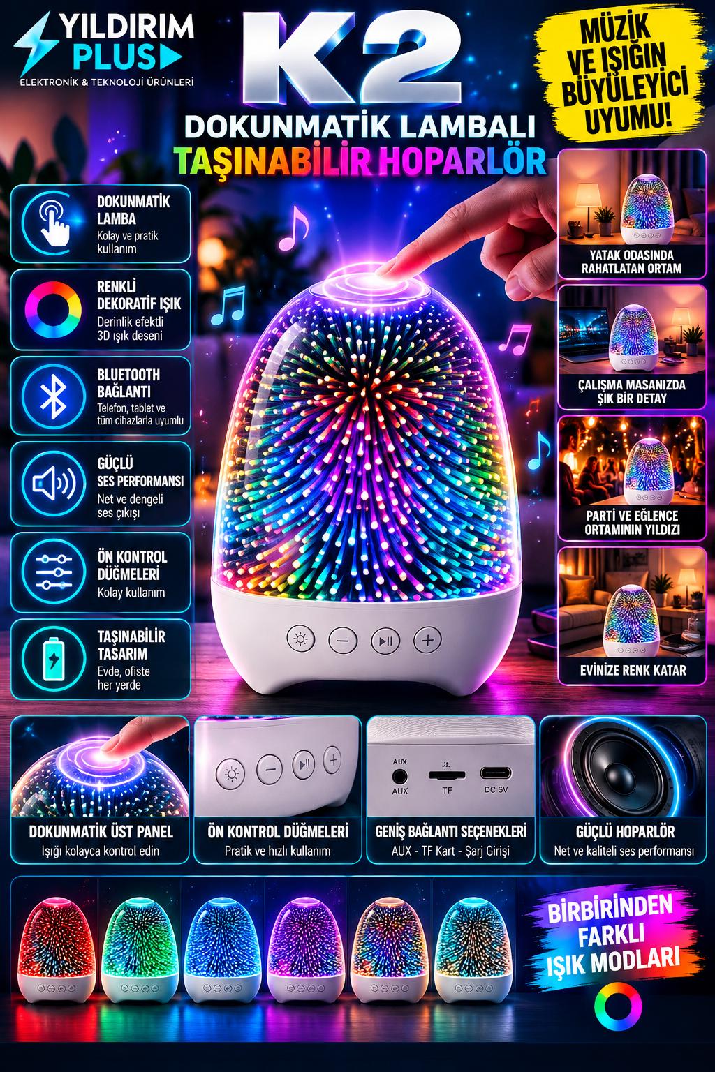 K2 Dokunmatik Lambalı RGB Dekoratif Işıklı Taşınabilir Bluetooth Hoparlör neon k2 rgb lamba ve hoparlör posteriyesi