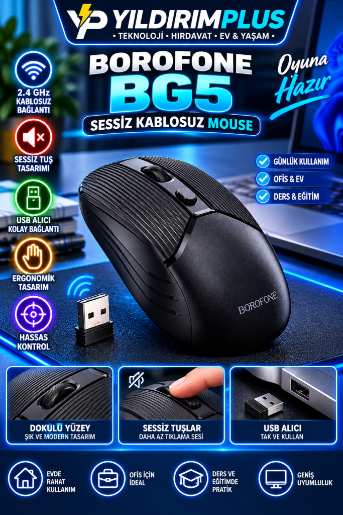 neon mavi borofone kablosuz mouse reklamı