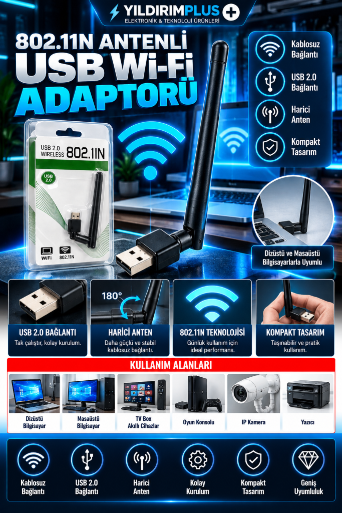 neon mavi usb wi‑fi adaptörü