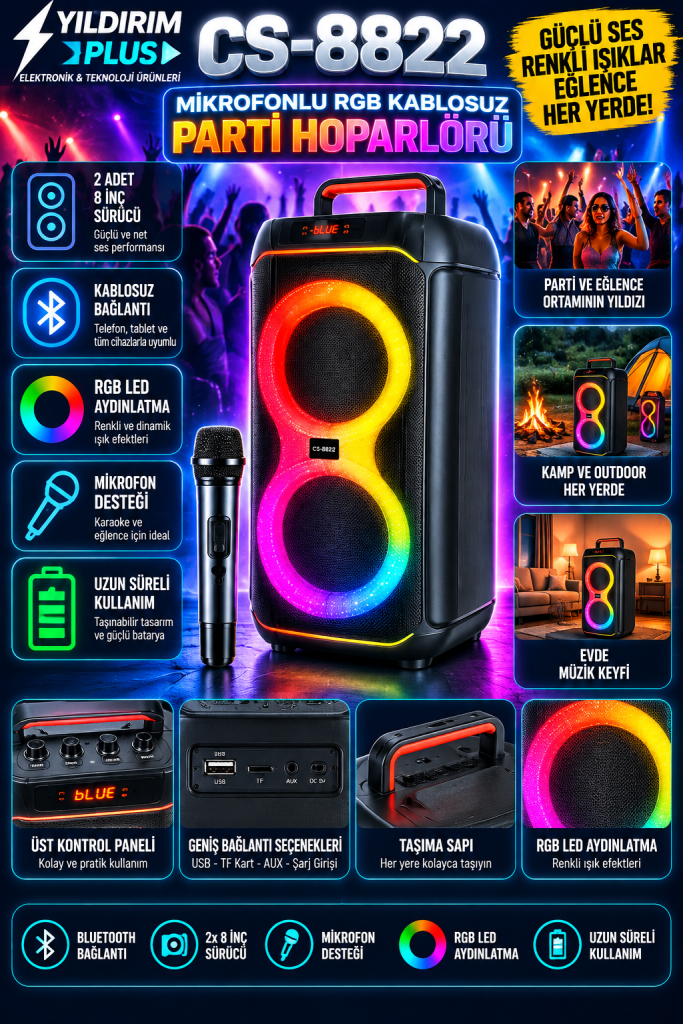 CS-8822 çift 8 inç RGB mikrofonlu kablosuz parti hoparlörü Görsel dosya adı:ı