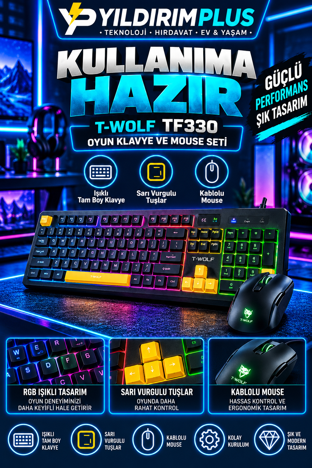 neon rgb t wolf klavye mouse seti neon rgb t wolf klavye mouse seti