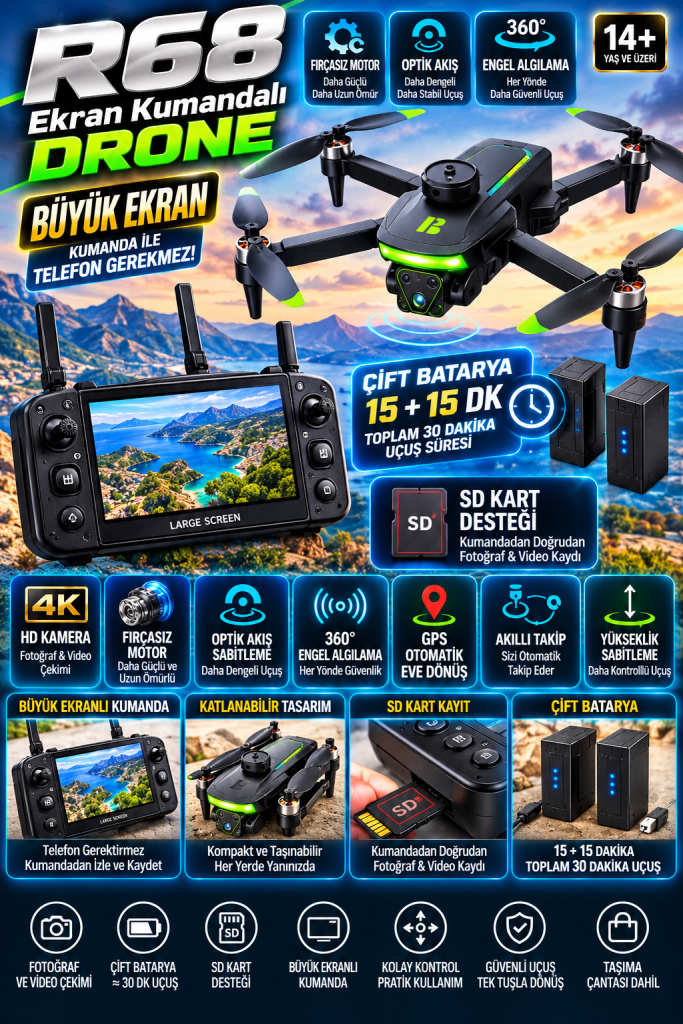 R68 Büyük Ekran Kumandalı Fırçasız Drone – Çift Batarya, SD Kart Kayıt, 360° Engel Algılama