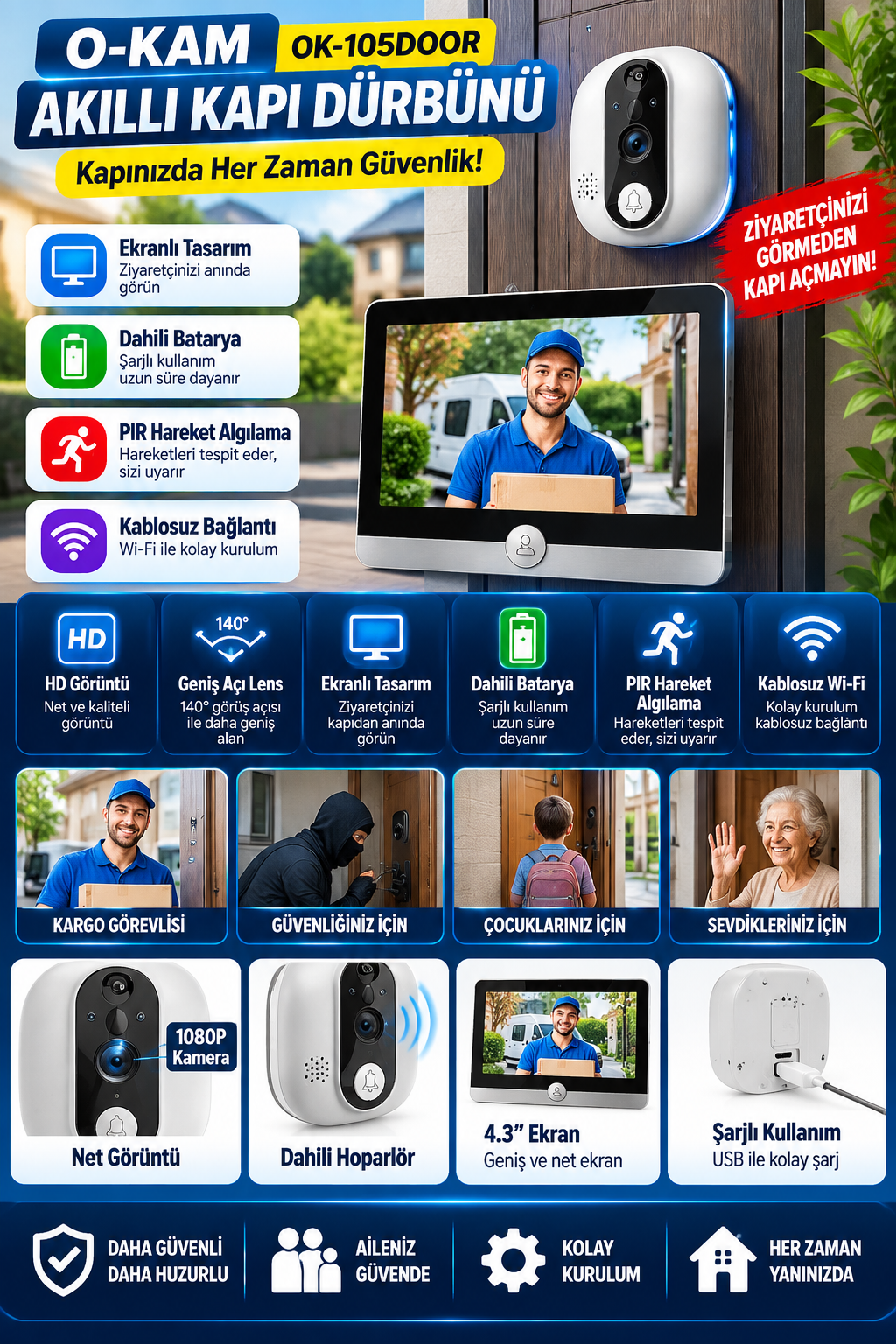 O-KAM OK-105DOOR Akıllı Kapı Dürbünü Ekranlı & PIR Sensörlü O-KAM OK-105DOOR Akıllı Kapı Dürbünü Ekranlı & PIR Sensörlü