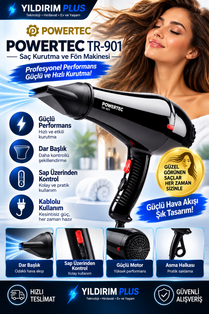 powertec tr 901 profesyonel saç kurutma makinesi