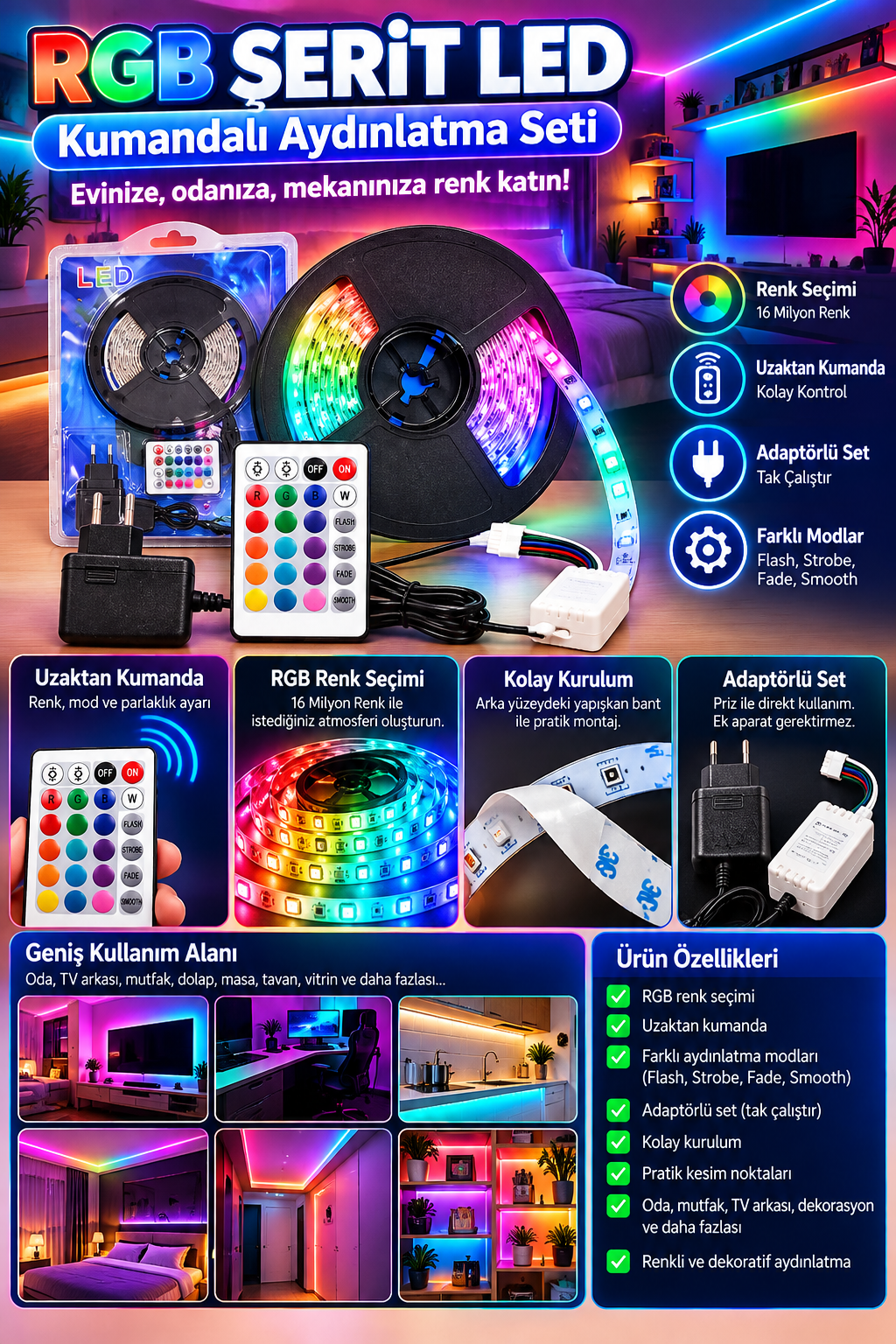 rgb kumandalı Şerit led aydınlatma seti – adaptörlü, Çok renkli dekoratif led RGB Kumandalı Şerit LED Aydınlatma Seti – Adaptörlü, Çok Renkli Dekoratif LED