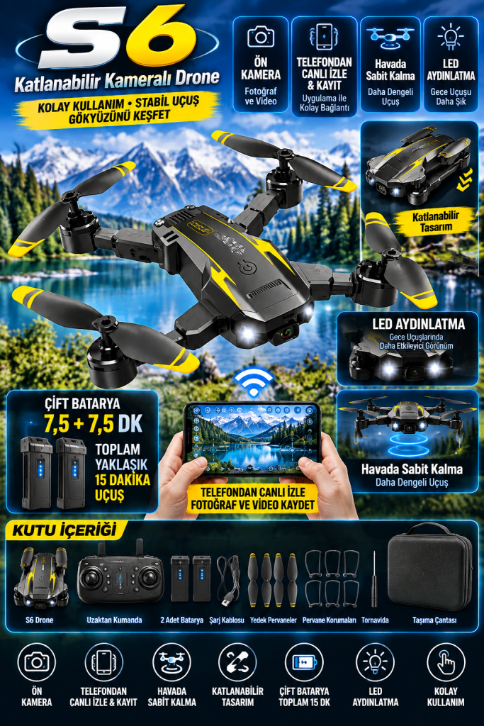 S6 Katlanabilir Kameralı Drone – Çift Batarya, Telefona Kayıt, Çantalı Tam Set